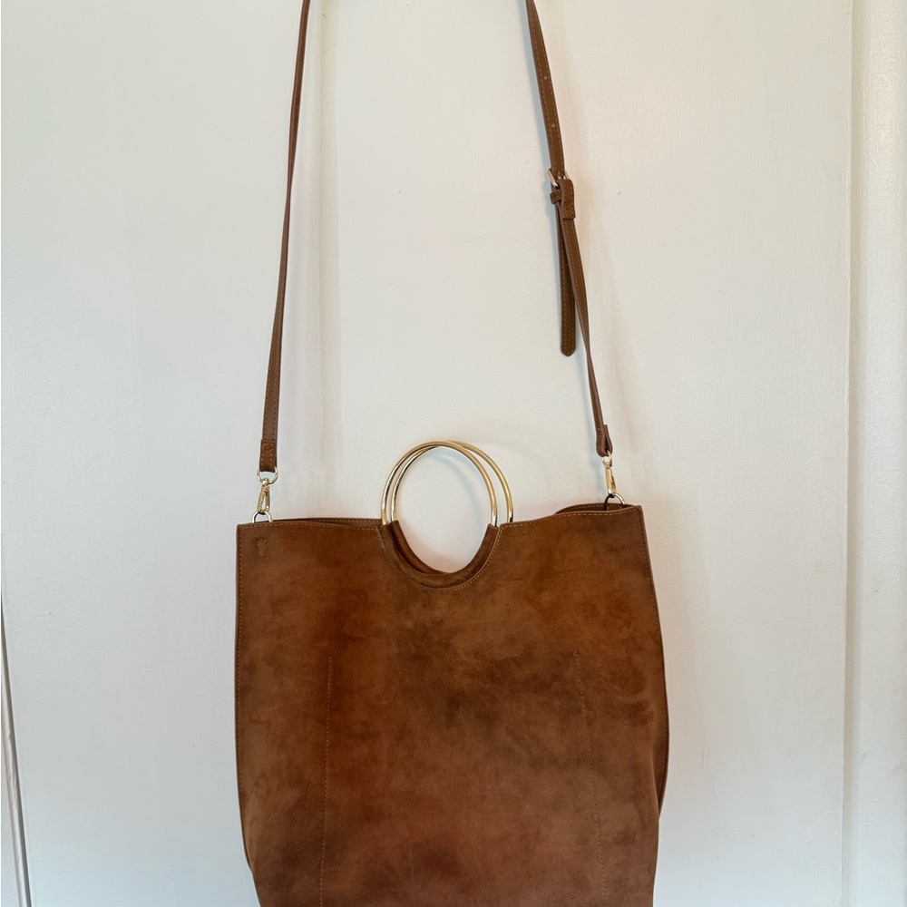 Brown Suede Tote Bag with Gold Handles